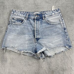 Zara Cut Off Shorts Womens 10 Blue Denim Frayed Hem High Rise All Day Comfort